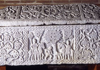 Sarcophage paléochrétien, IVe-Ve siècle de notre ère, dont le long côté porte une représentation sculptée de la chasse de Méléagre... Musée Saint-Raymond, Toulouse.