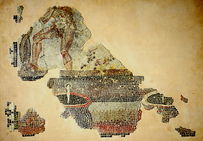 Les procédés de vinification en Narbonnaise sous l'Antiquité. Fragment d'une mosaïque découverte à Lyon et représentant le foulage du raisin.Musée gallo-romain de Lyon-Fourvière.