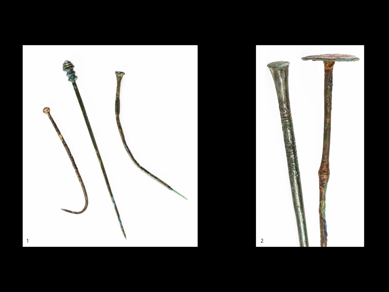 1 : Lot d’épingles en bronze datées du début du Bronze final (1300 avant J.-C.).     2 : Lot d’épingles en bronze datées du début du Bronze final (1350 avant J.-C.)