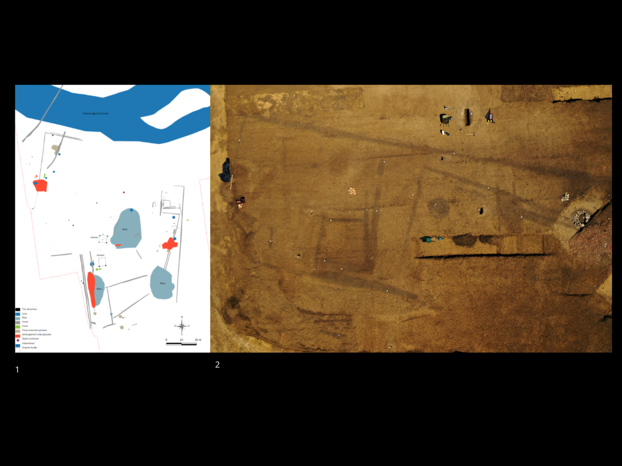 1 : Plan général de l’établissement rural gallo-romain fouillé à Pierre-de-Bresse en 2020     2 : Cliché zénithal d’un secteur de l’établissement gallo-romain. Les fossés et fosses ont une couleur plus sombre. À droite se trouvent un puits en pierre et un niveau de circulation