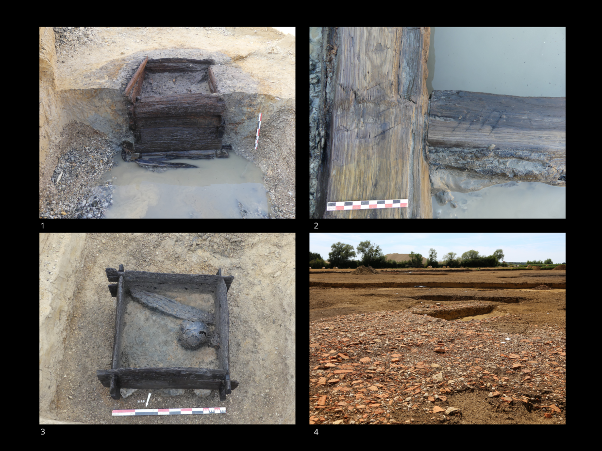 1 : Vue de l’extérieur d’un cuvelage de puits en bois.     2 : Détail des marques de construction d’un cuvelage de puits en bois.     3 : Vue de l’intérieur d’un cuvelage de puits en bois avec pot en céramique tombé.     4 : Empierrement de tuiles marquant un espace de circulation à proximité d’un puits
