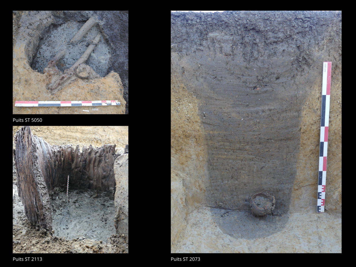 Puits ST 5050 : Vue du fond du puits avec pièces de bois travaillées et un vase en terre cuite entier.     Puits ST 2113 : Vue d’un puits disposant d’un cuvelage réalisé à l’aide d’un tronc d’arbre évidé par le feu.     Puits ST 2073 : Vue en coupe d’un puits à creusement cylindrique. Un vase en céramique a été découvert au fond du puits