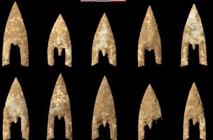 Pointes de flèches de type armoricain retrouvées dans la tombe princière de Giberville. Ces pointes attestent d’une véritable maitrise du travail du silex et sont associées à une élite sociale.