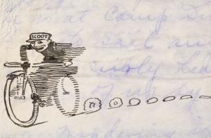 Détail du papier de la lettre au sergent Liepman datée de 1918. Fouille d'un site mérovingien à Messein (Meurthe-et-Moselle), 2004.  Le courrier se compose d'une enveloppe et de quatre feuillets sur papier à pâte mécanique, illustré. Seul leur recto est m